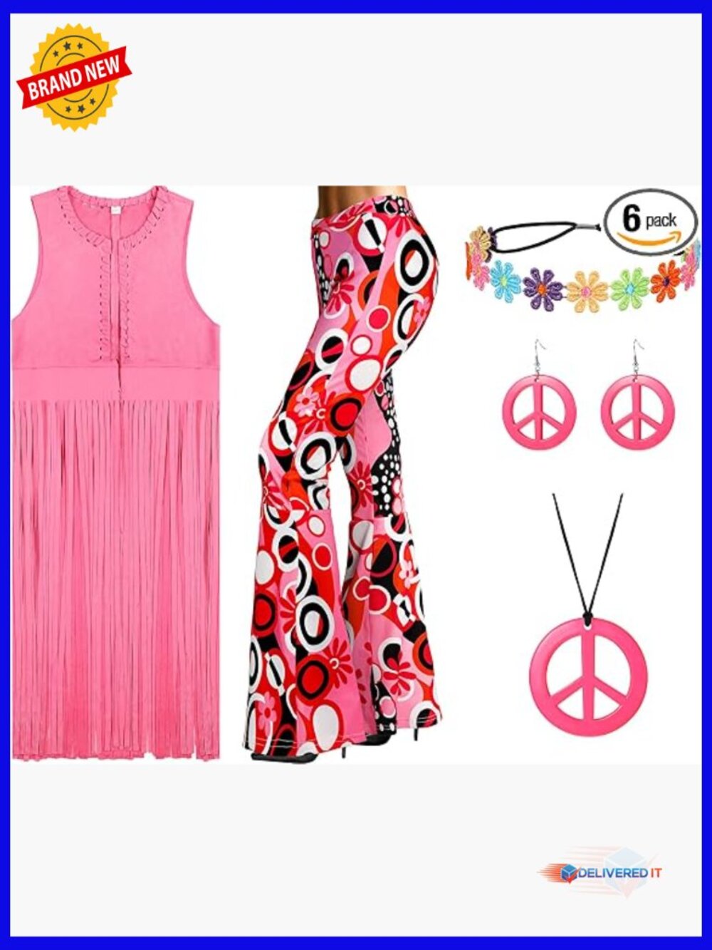 70s Hippie Costume Set with Fringe Vest Flared Pants and Accessories